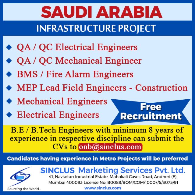 FREE RECRUITMENT SAUDI ARABIA - INFRASTRUCTURE PROJECT  - Assignments Abroad Time