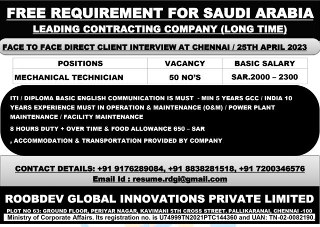 FREE REQUIREMENT FOR SAUDI ARABIA LEADING CONTRACTING COMPANY (LONG TIME) - Assignments Abroad Time