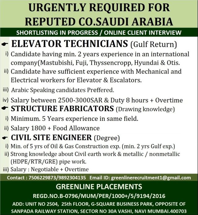 URGENTLY REQUIRED FOR REPUTED CO.SAUDI ARABIA  - Assignments Abroad Time