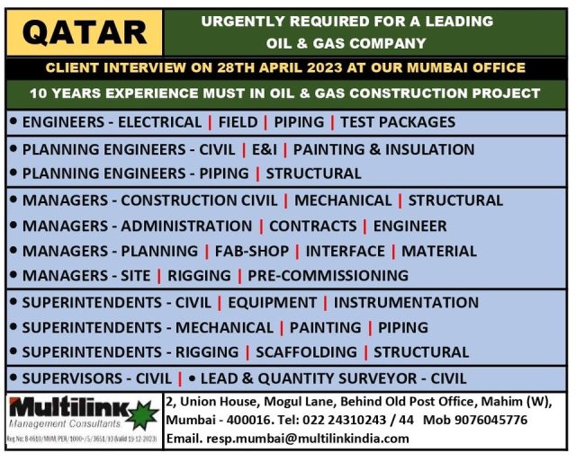 Urgently Required for a Leading Oil & Gas Company in QATAR - Assignments Abroad Time