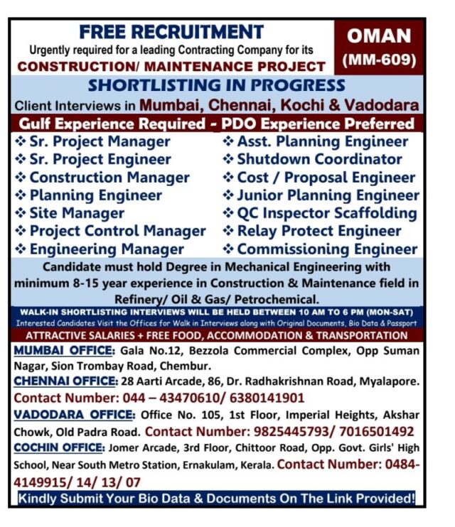 CONSTRUCTION / MAINTENANCE PROJECT - OMAN - Assignments Abroad Time