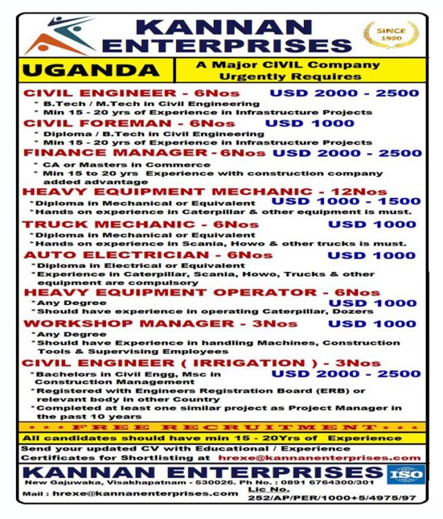 HIRING FOR CIVIL COMPANY - UGANDA  - Assignments Abroad Time