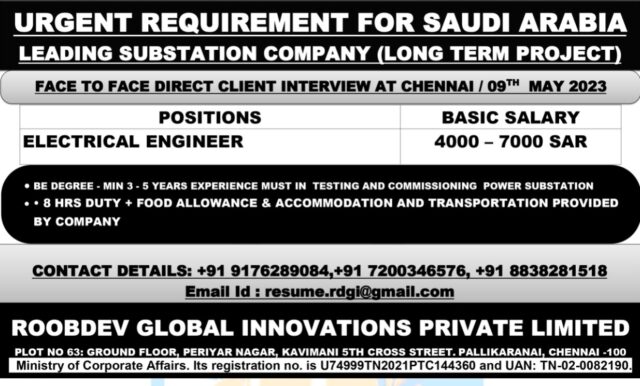 REQUIREMENT FOR SAUDI ARABIA LEADING SUBSTATION COMPANY (LONG TERM PROJECT) - Assignments Abroad Time