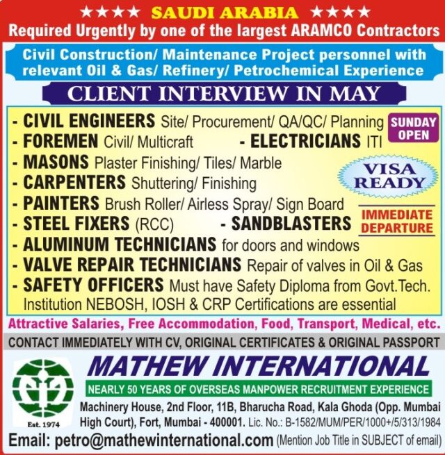 Required Urgently by one of the largest ARAMCO Contractors - Saudi Arabia - Assignments Abroad Time