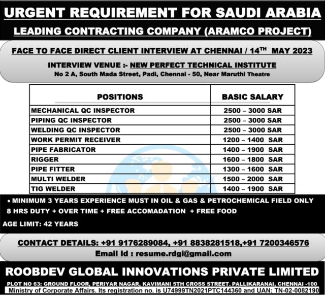 URGENT REQUIREMENT FOR SAUDI ARABIA LEADING CONTRACTING COMPANY (ARAMCO PROJECT) - Assignments Abroad Time