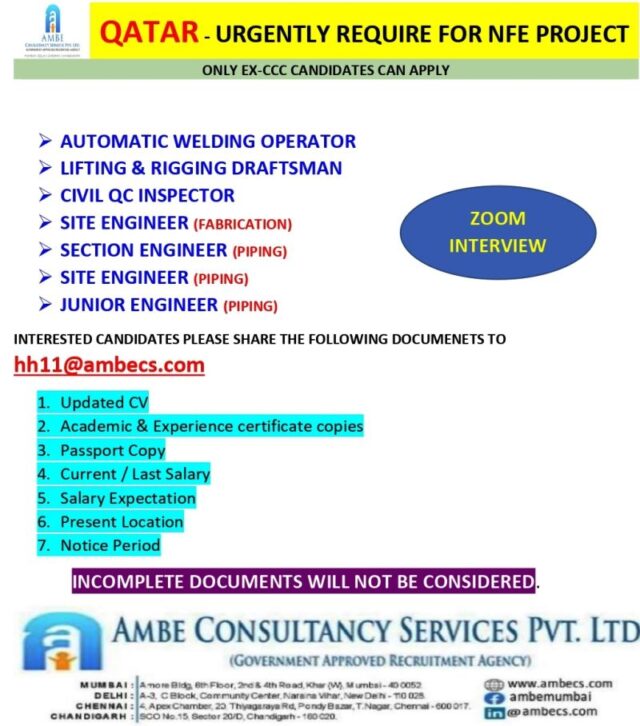 URGENTLY REQUIRE FOR NFE PROJECT QATAR - Assignments Abroad Time
