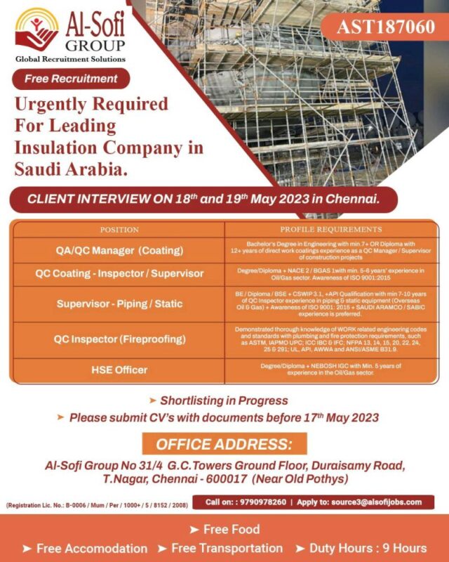 Urgently Required for Leading Insulation Company in Saudi Arabia - Assignments Abroad Time