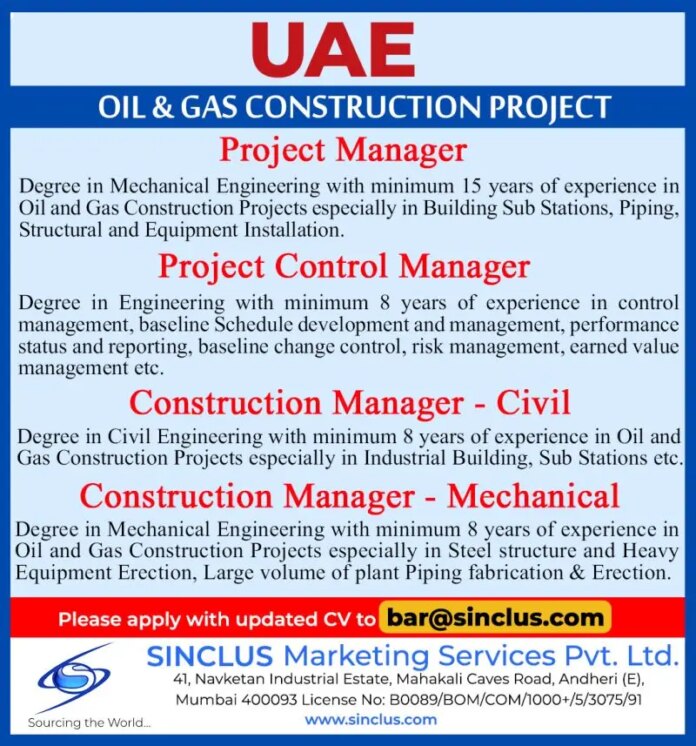UAE Jobs 2024 - Oil & Gas Construction Project Jobs