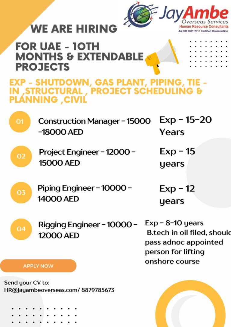 Job Opportunities for UAE – 10-Month Extendable Projects