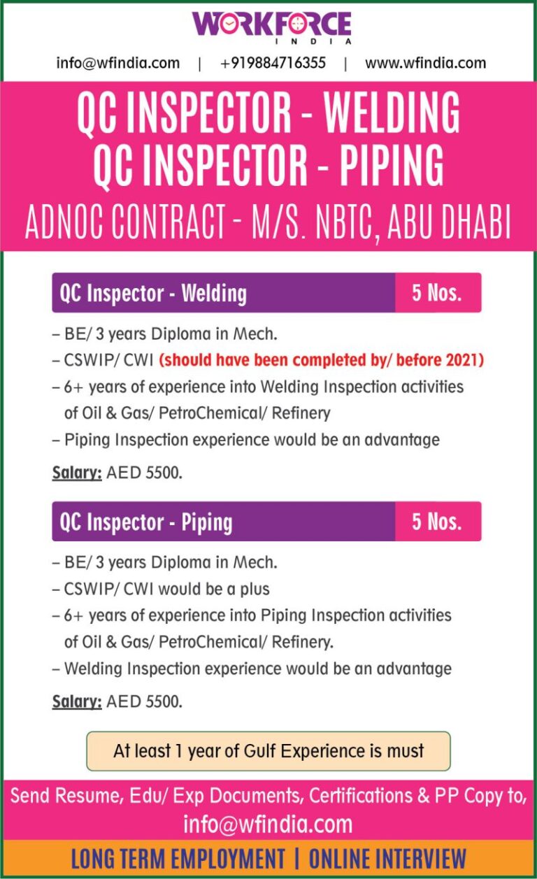 UAE – Hiring Welding Inspector / Piping Inspector – ADNOC Contract