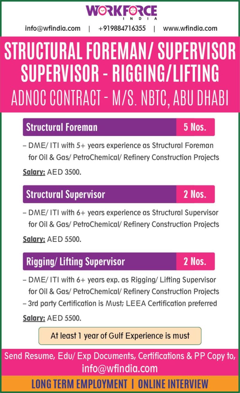 UAE – Hiring Structural Foreman/ Structural Supervisor / Rigging/ Lifting Supervisor – ADNOC Contract