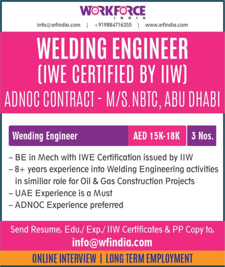 UAE – Hiring Welding Engineer – IWE Certified by IIW