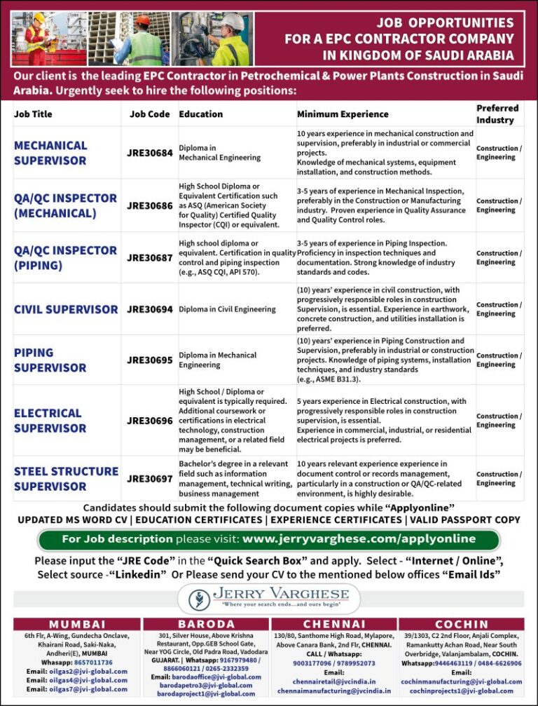 Job Opportunities for an EPC Contractor in Saudi Arabia – Petrochemical & Power Plant Projects