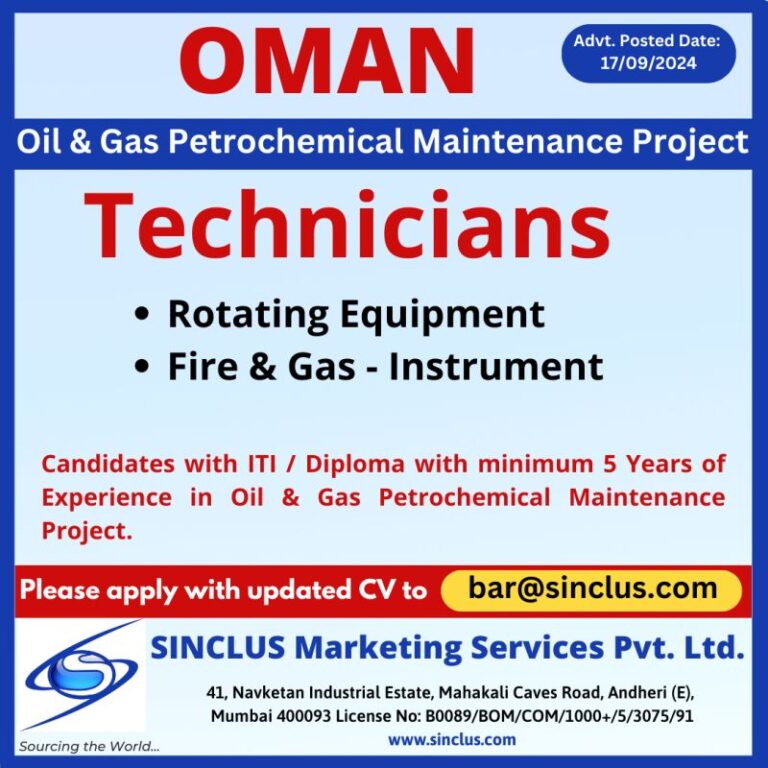 Hiring Technicians for Oil & Gas Petrochemical Maintenance Project in Oman