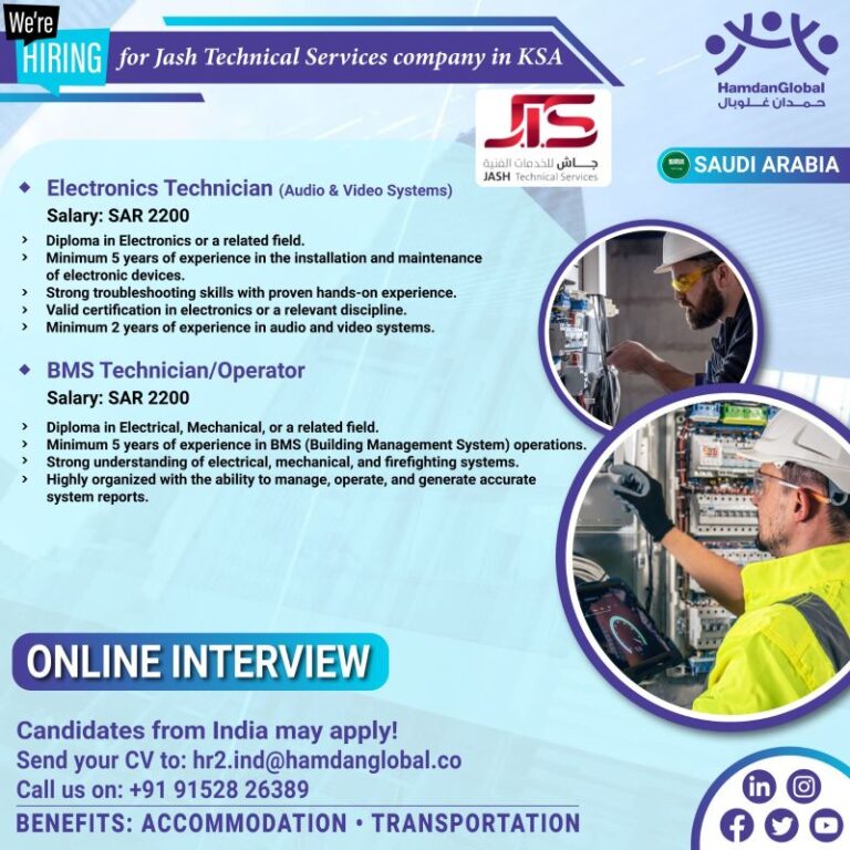 Hiring for Jash Technical Services Company in Saudi Arabia