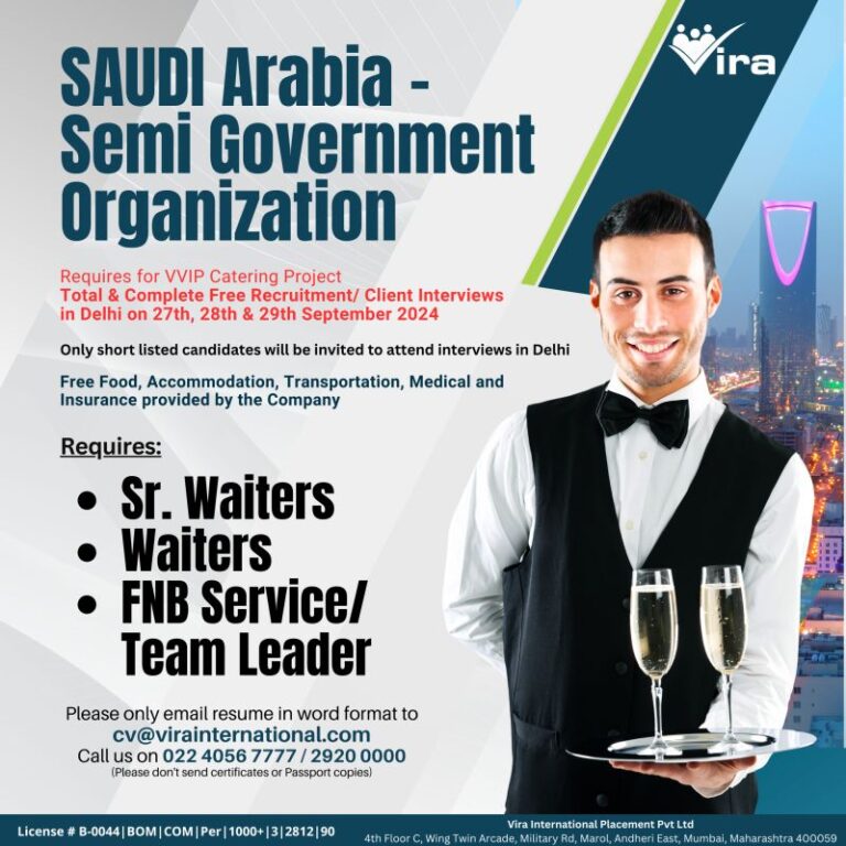 Saudi Arabia Jobs – Semi Government Organization – VVIP Catering Project