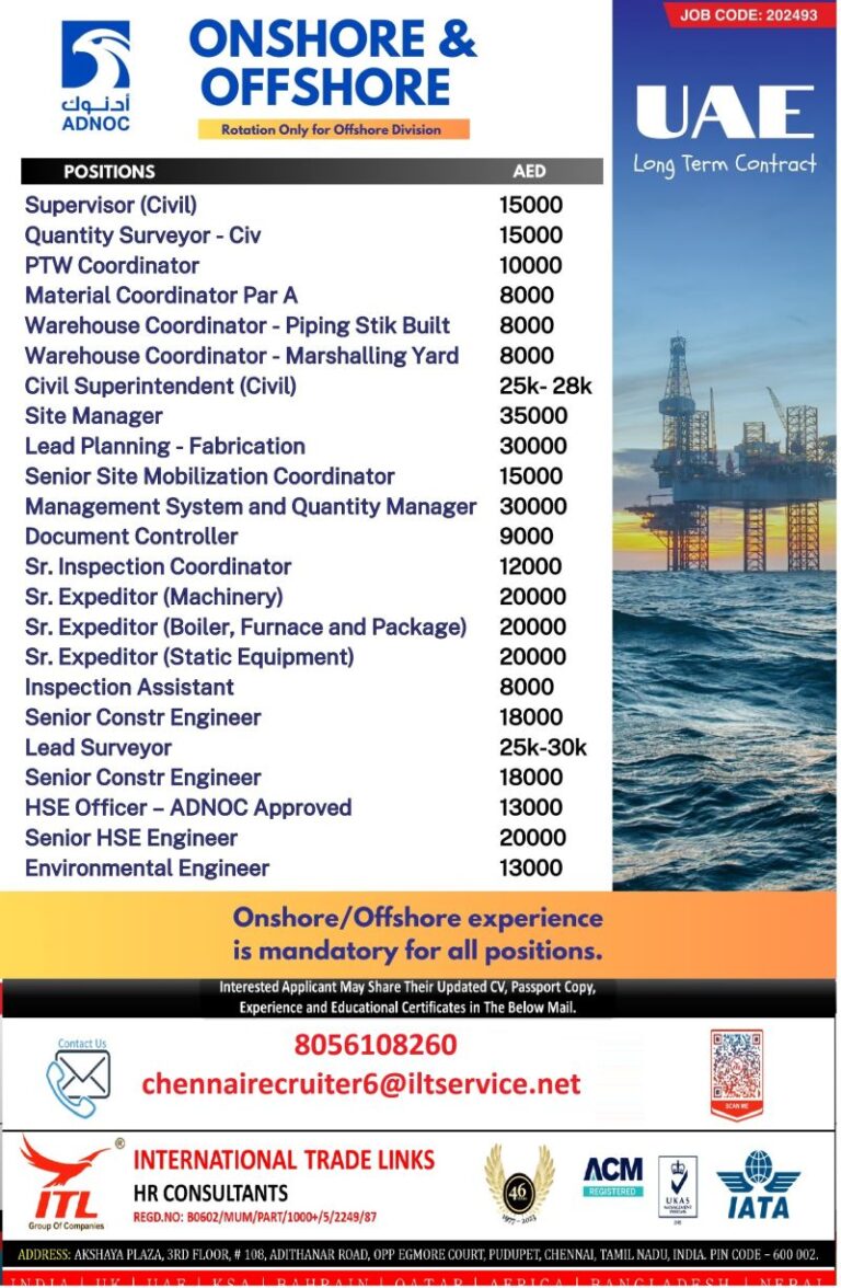 UAE – Recruitment for ADNOC Onshore & Offshore Projects