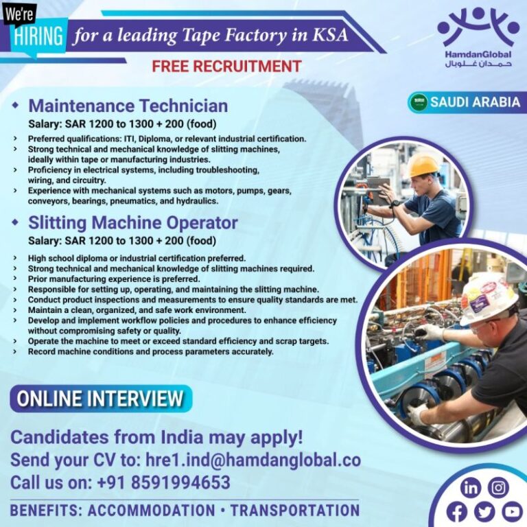 Saudi Arabia – Hiring for a Leading Tape Factory 