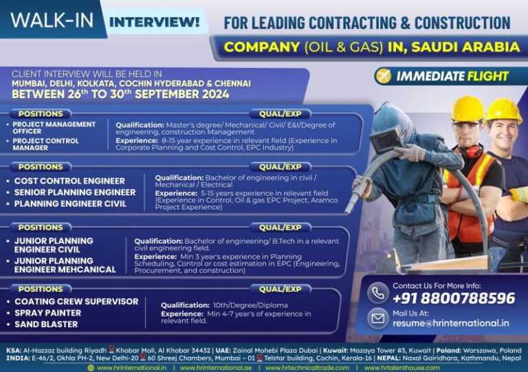 Saudi Arabia – Recruitment for leading contracting and construction company oil & gas sector