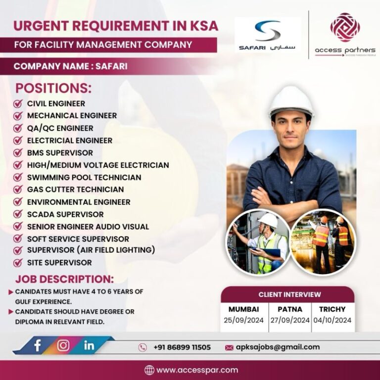 Recruitment for Saudi Arabia with Safari Facility Management Company