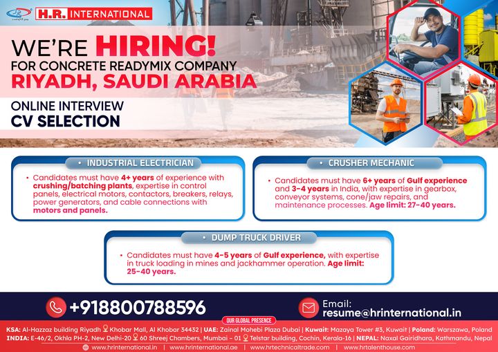 Saudi Arabia – Hiring for Concrete Ready-Mix Company in Riyadh