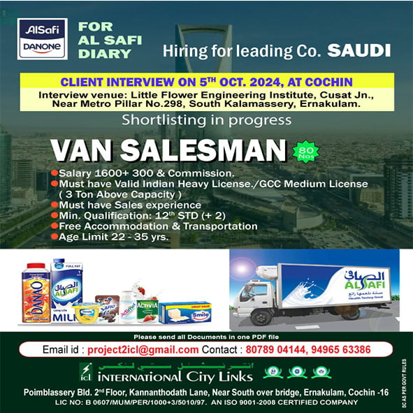 Hiring for Van Salesman – Al Safi Dairy, Saudi Arabia