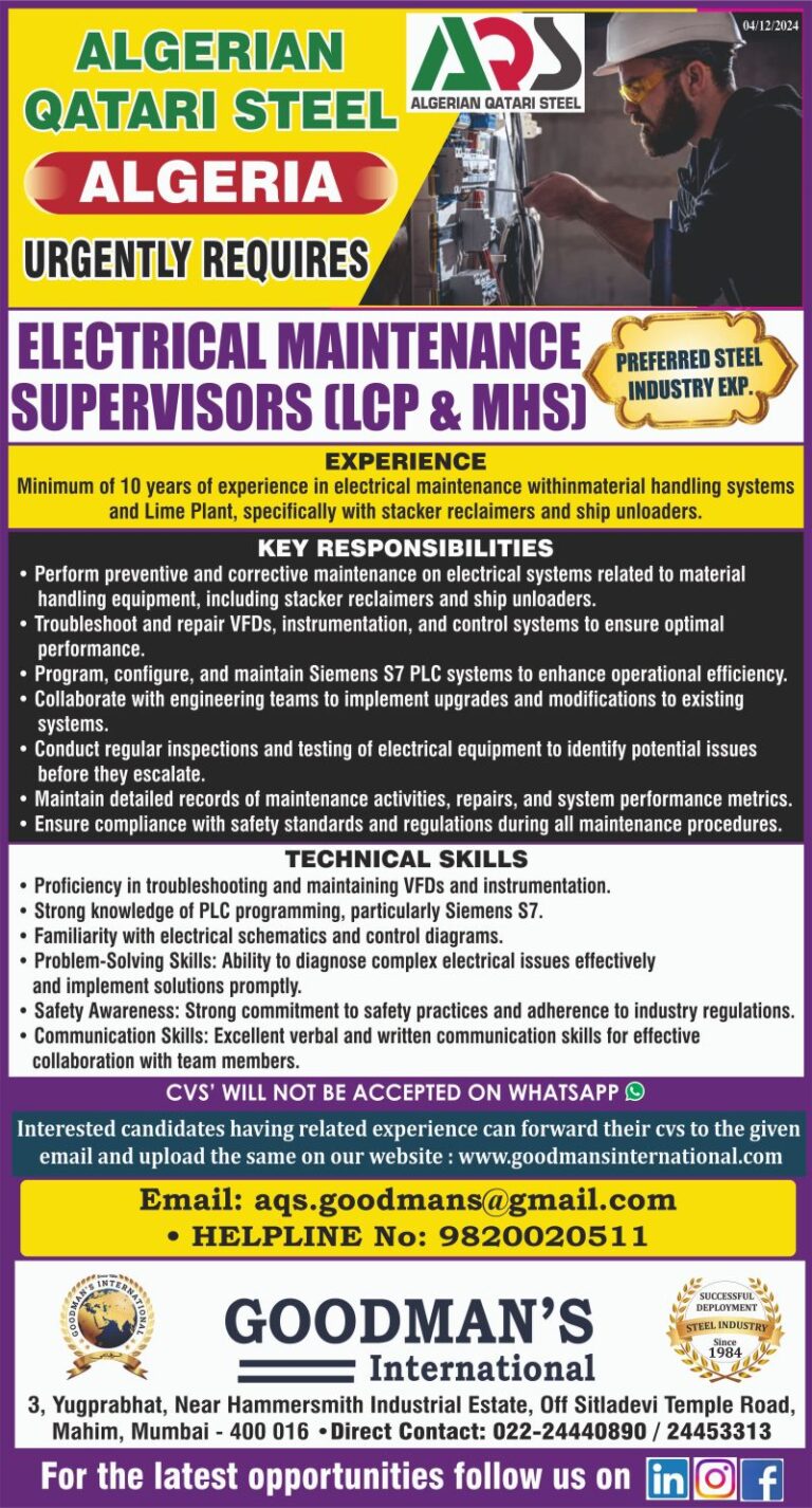 Electrical Maintenance Supervisors Required for Algerian Qatari Steel (LCP & MHS)