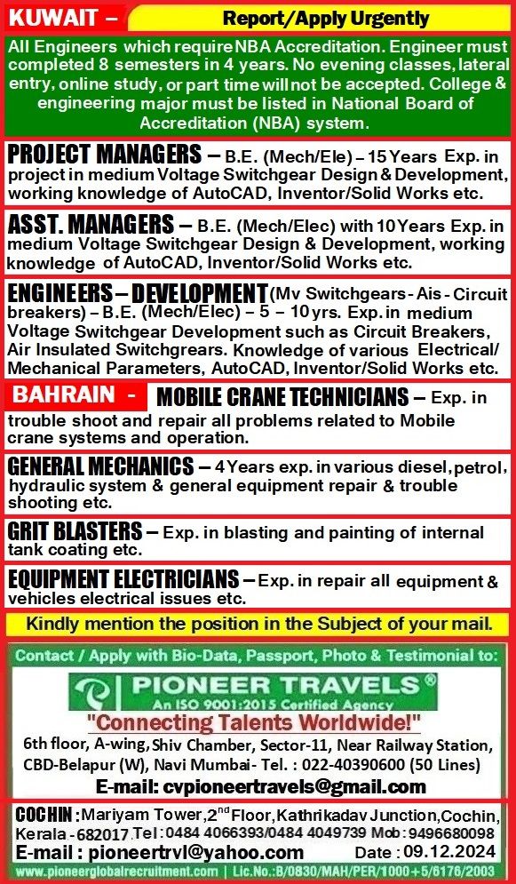 Recruitment For Qatar,UAE,Bahrain & Kuwait