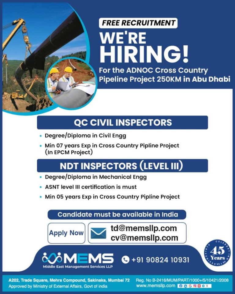 hiring for the ADNOC Cross Country Pipeline Project (250KM) in Abu Dhabi.