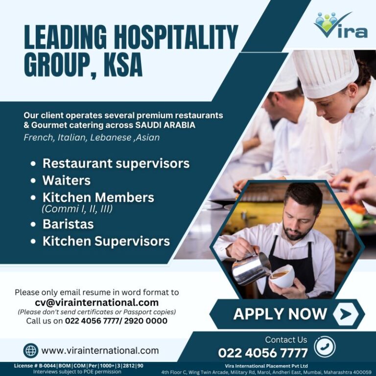 Saudi Arabia – Job Vacancies For Leading Hospitality group