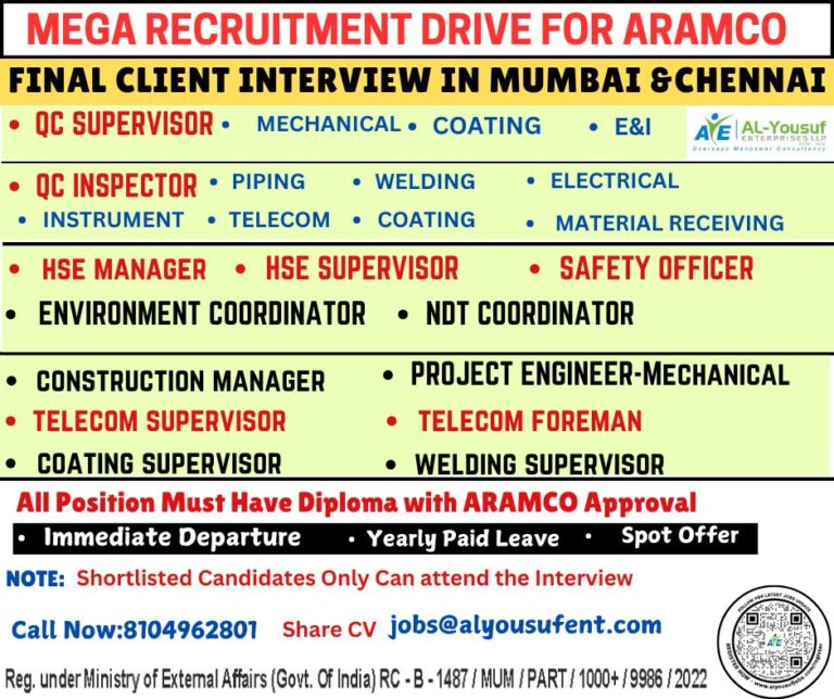 Mega Recruitment Drive for ARAMCO – Exciting Opportunities