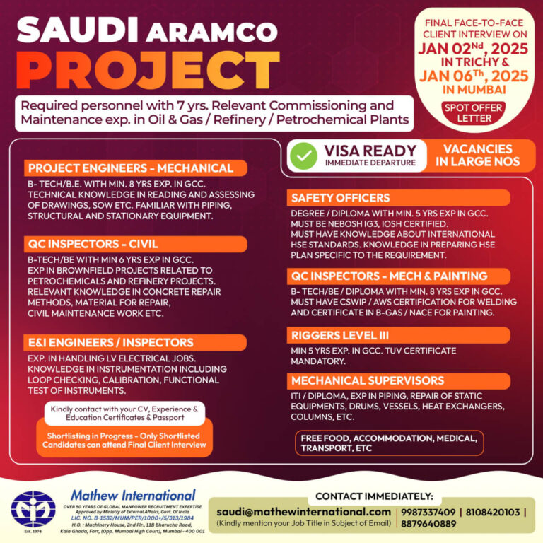 Job Opportunities for Saudi ARAMCO Project – Apply Now!